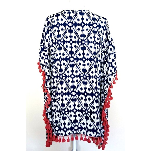 Beaches & Boho Swim Cover Up Blue Ikat Coral Tassel Fringe S/M - Picture 2 of 8
